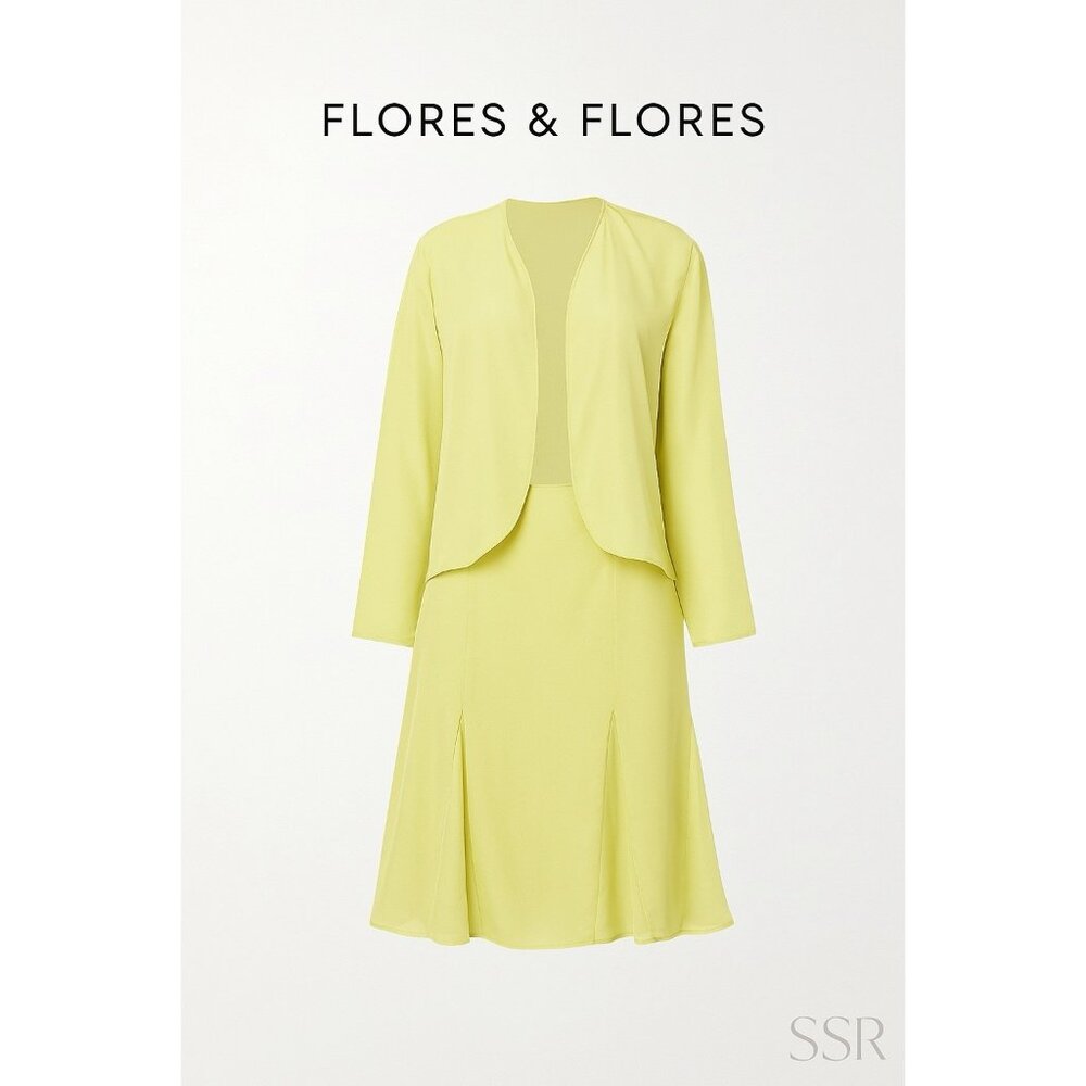 Flores & Flores 100% Silk Two Piece Set Jacket & Skirt Size 14 Light Chartreuse